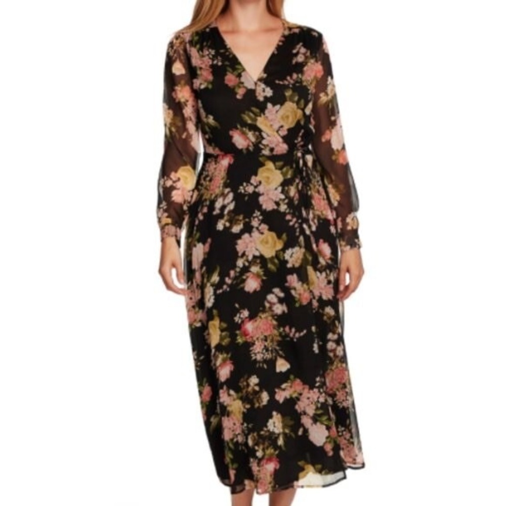 Vince Camuto Safari Floral Fall Maxi Dress Black Pink Flower M 9120902 NWT